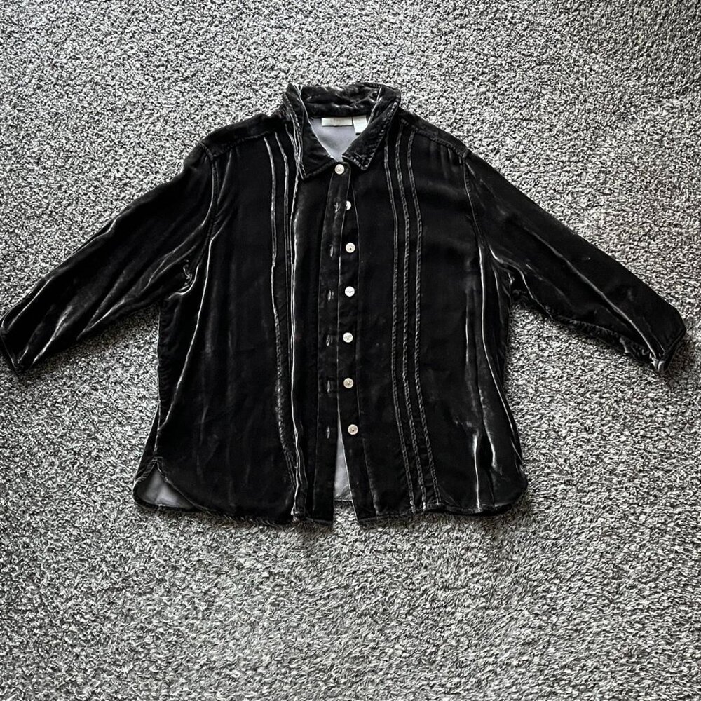 J Jill Black Velvet Button up Shirt Women L Urban Chic Feminine Business Casual